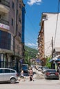A street view in the town of Tetovo, in North Macedonia, former Yugoslavia, with apartment blocks.