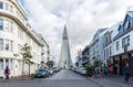 Street view up to the Hallgrimskirkja church in reykjavik, Iceland.