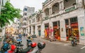 Street view of Xinmin west road with of old colonial sotto portico buildings in Haikou Qilou old town Hainan China