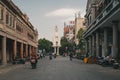 Street view in Zhongshan Road and the old bell tower in the old city of Quanzhou, China