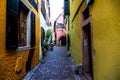 A street in the village of Riquewhir, in Alsace, France