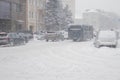 Street in winter city road in the heavy snowy storm.