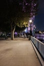 The street wonderfully lit by a street lamp. The London Eye is right in front