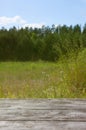 Street wooden table from gray aged planks with wood texture on a blurred background of green grass, trees and sky Royalty Free Stock Photo