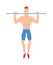 Street workout sport, exercising, training and lifestyle concept - young man doing abdominal exercise on horizontal bar