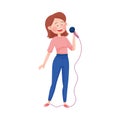 Street Young Girl Performer Holding Microphone and Singing Song Vector Illustration