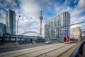 Streetcar on Queens Quay West and buildings at the Harbourfront, in Toronto, Ontario. Royalty Free Stock Photo