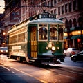 Streetcar, tram, urban city public transport transit vehicle on rails