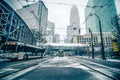 streetcar waiting for passengers in snowstrom in uptown charlotte north carolina Royalty Free Stock Photo