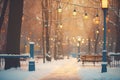 streetlights casting glow on snowy path