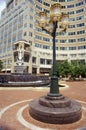 Streetlights in front of Reston, VA town center, a planned community