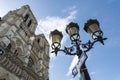 Streetlights and signage at Notre Dame Cathedral in Paris Royalty Free Stock Photo