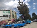 The streets of Addis Ababa with common sighting of old blue cabs