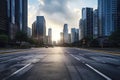 streets of a big city with skyscrapers, sunset time