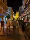 Streets of Budapest at night with the Szent IstvÃÂ¡n bazilika in the background Royalty Free Stock Photo