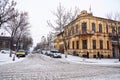 Streets and buildings under snow in Kars city in Turkey