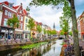 Streets and canals of old beautiful city Delft, Netherlands