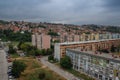 Streets of the capital of Sarajevo, view of city buildings, cafes, restaurants and shops, people walk around the city. Sights of