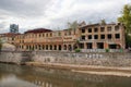 Streets of the capital of Sarajevo, view of city buildings, cafes, restaurants and shops, people walk around the city. Sights of