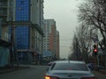 Streets of the city of Almaty. Crossroads of Popov and Markov streets. Winter 2021.