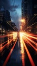 Streets come alive with light trails, capturing the dynamic energy of traffic