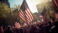 Flags wave, crowd of people in streets, celebrating 4th of July. Generative AI