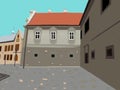 Streets and courtyards of medieval European cities.