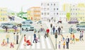 Streets with families and traffic in a city illustration