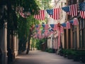 streets festively decorated with American flags. holiday of the day of independence and the day of the flag Royalty Free Stock Photo