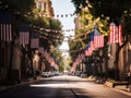 streets festively decorated with American flags. holiday of the day of independence and the day of the flag Royalty Free Stock Photo