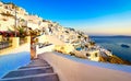 Fira, Santorini island, Greece. Traditional and famous white houses over the Caldera, Aegean sea