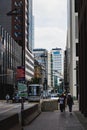 In the streets of the Frankfurt Banking District with a view of the skyscrapers