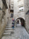 Streets of historic and tourist town of Hvar with fort, port and yacht marine, Croatian island otok in Mediterranean sea