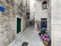 Streets of historic and tourist town of Hvar with fort, port and yacht marine, Croatian island otok in Mediterranean sea