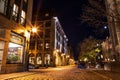 Streets and historical buildings in the historic site of Old Port from Montreal, night view. Old urban architecture of Montreal