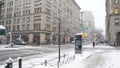 Streets of Manhattan in the snow at winter in New York City, USA. Royalty Free Stock Photo