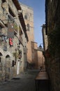 Streets Of The Medieval Village Of Ainsa In A Day Of Mild Fog. Travel, Landscapes, Architecture. December 26, 2014. Ainsa, Huesca Royalty Free Stock Photo