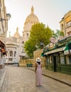 Streets of Montmartre Paris France in the early morning with cafes and restaurants, La Maison Rose