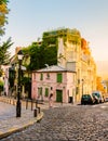 Streets of Montmartre Paris France in the early morning with cafes and restaurants, La Maison Rose