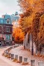 Streets of Montmartre in sunny autumn afternoon, golden trees and cobblestone alley. France. Paris. Autumn in France