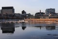Streets of Montreal in winter. The historical part of the city downtown from old port, harbourfront panorama. Royalty Free Stock Photo