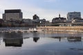 Streets of Montreal in winter. The historical part of the city downtown from old port, harbourfront panorama. Royalty Free Stock Photo