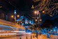 Streets of the old city in Istanbul at night. Tram line next to the Hagia Sophia. The photo was taken using a long shutter speed Royalty Free Stock Photo