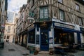 On the streets of the old town of Rouen with traditional half-timbered heritage houses. Rouen, Normandy, France