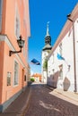 Streets of old town with St. MaryÃ¢â¬â¢s Cathedral Dome Church, Tallinn, Estonia Royalty Free Stock Photo