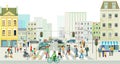 Streets with people and traffic in front of a big city illustration Royalty Free Stock Photo