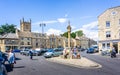 Streets and shops and market cross in historic cotswold town of Stow on the Wold Royalty Free Stock Photo