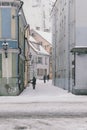 Streets of Tallinn`s old town on a snowy day