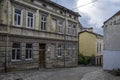 Streetscape street of historic Lviv city during day with yellow old vintage buildings in old town