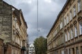 Streetscape street of historic Lviv city during day with vintage buildings in old town